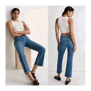 MADEWELL Women's Mid-Rise Kick Out Crop Jeans  27 Raw Hem Edition Medium Wash